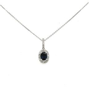 14K White Gold Dainty Blue Sapphire and Halo Diamond Necklace 18"